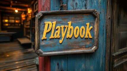 Playbook sign hanging on a rustic blue door