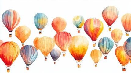 A watercolor painting of a sunrise at the Albuquerque Balloon Fiesta, balloons rising, warm hues, isolated on white background