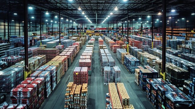 Rows upon rows of pallets stacked high in a large, well-lit warehouse.