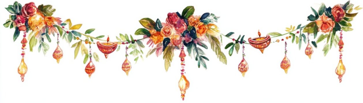 Watercolor painting of a Diwali toran hanging at the entrance, festive and welcoming, isolated on white background