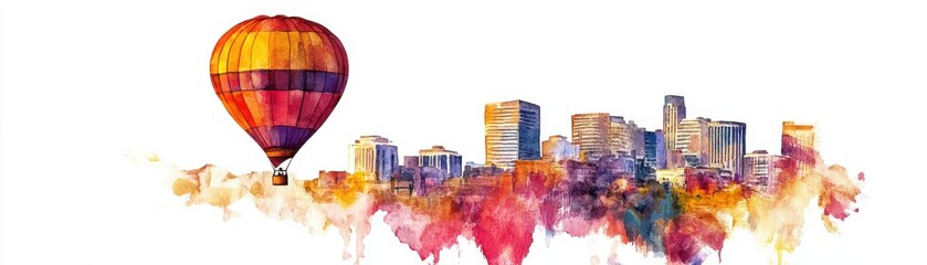 Watercolor depiction of a hot air balloon flying over Albuquerque s cityscape, urban and scenic, isolated on white background