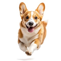 happy welsh corgi dog is running on a white background.