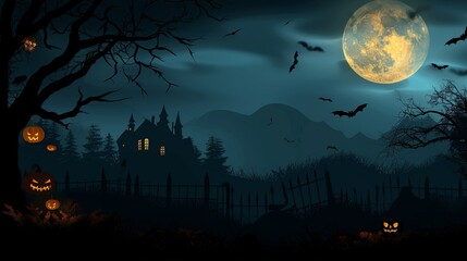 Fototapeta premium Show a Halloween night background with a full moon, flying bats, and a silhouetted haunted house in the distance.