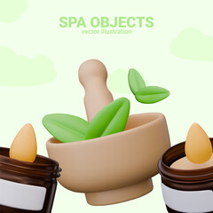 Realistic mortar with pestle and green leaves, scented candle in wide jar