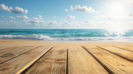 Fototapeta premium Blank wooden table with a calm sea and sandy beach, perfect for coastal or summerthemed product displays