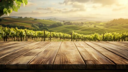 Rustic wooden table with a vineyard backdrop, rolling hills, and grapevines, ideal for wine or organic product displays