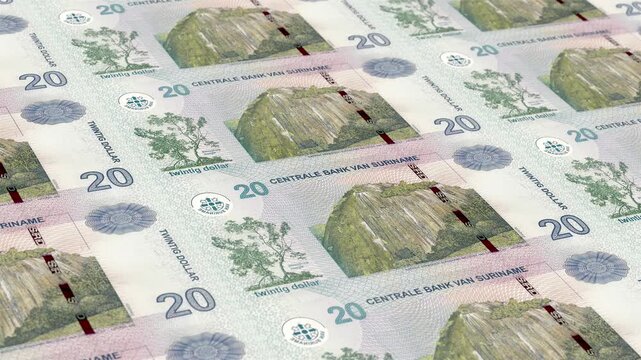Suriname Surinamese Guilder 20 Banknotes Money Printing House, Printing Twenty Five Surinamese Guilder, Printing Press Machine Print out Surinamese Guilder, Being printed by currency press machine