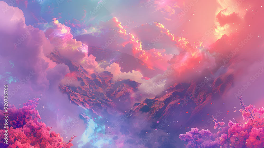 Wall mural a mountain range covered in snow and clouds with a few flowers in the foreground.