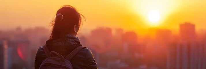 A person with a backpack gazes at a beautiful cityscape during sunset, highlighting the urban skyline bathed in golden light.
