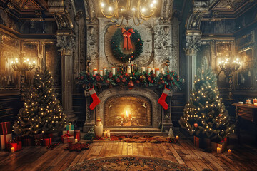 Obraz premium A cozy Christmas fireplace with a roaring fire, stockings hanging on the mantel, and a garland of pine branches and twinkling lights, warm and inviting atmosphere.