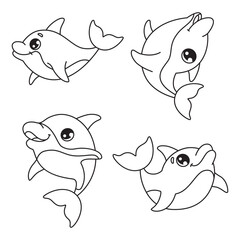 Dolphin set in line style for illustration. Black-white style. Cartoon character. 4 options