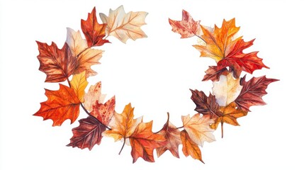 Watercolor painting of a fall leaf wreath, Oktoberfest themed, warm and inviting, isolated on white background