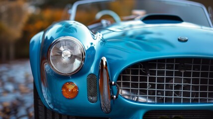 The classic front of a vintage sports car, with its round headlights and iconic grille, evokes a sense of timeless speed and style.