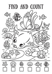 Mini-game for children, find and count. Sea illustration from the skat. Education for preschoolers. Black and white illustration.