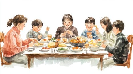 Watercolor illustration of a MidAutumn festival family reunion dinner, warm and joyful, isolated on white background