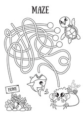 Mini-game for kids. Maze. Help the turtle get home. Nemo get to your house. Black and white illustration.