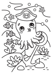 Mini-game for children. Coloring book for children. Octopus at the bottom of the sea. Cartoon style. Black and white illustration