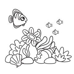 Mini-game for children. Coloring book for children. Fish and algae. Cartoon style.