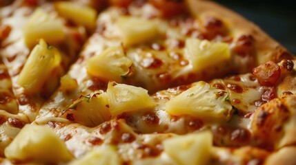 Closeup macro view of fresh pineapple pizza closeup view