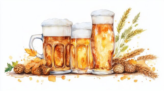 A watercolor illustration of a vintage Oktoberfest poster, nostalgic style, isolated on white background