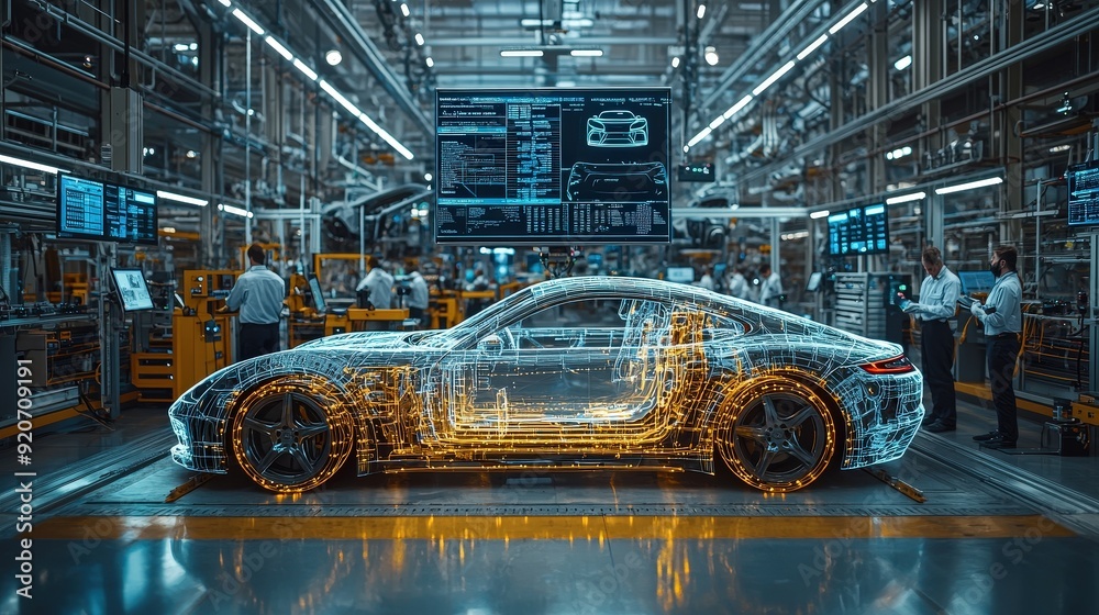 Poster a futuristic car with a transparent design is being assembled in a modern manufacturing plant filled
