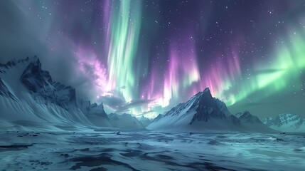 Fototapeta premium A digital artwork of a serene arctic landscape with the Northern Lights, vibrant green and purple lights illuminating the snowy terrain, detailed and magical,