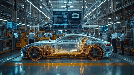 A futuristic car with a transparent design is being assembled in a modern manufacturing plant filled with workers and advanced technology