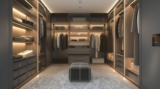 Modern luxury gray built-in wardrobe closet shelf storage box for interior design fashion background.