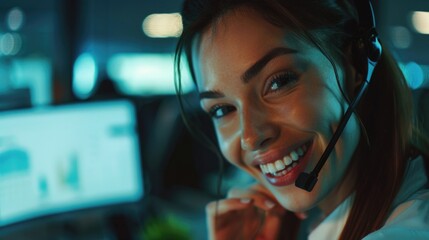 Friendly, smiling call center representative with headset. Professional communication and support environment.
