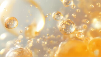 Hyaluronic acid skin solutions ad, collagen serum drops, vitamin C, oil. cosmetics advertising background. Abstract oil bubbles backgrounds on light yellow background. Collagen Hydrolysate
