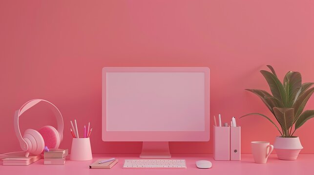 A pink computer monitor, keyboard, and mouse on a pink desk with a plant in a pot and pink headphones.