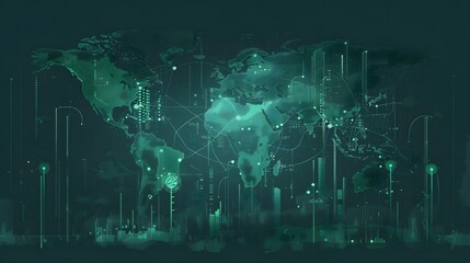 A global map with visual markers representing the carbon footprint of energy consumption, highlighting areas with high greenhouse gas emissions and illustrating their environmental impact with CO2-equ