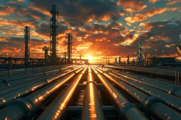 Industrial oil pipelines at sunset with dramatic sky, showcasing energy production. Captures the essence of heavy industry and its impact. Perfect for illustrating industrial themes. Generative AI