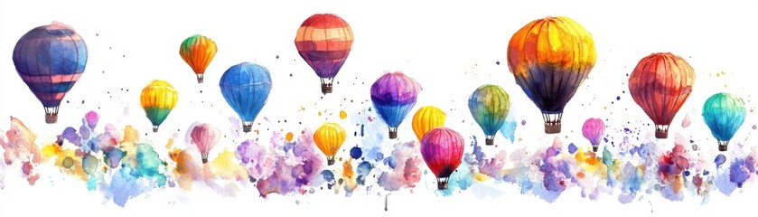 Obraz premium Watercolor painting of a field of hot air balloons preparing for takeoff, energetic and colorful, isolated on white background