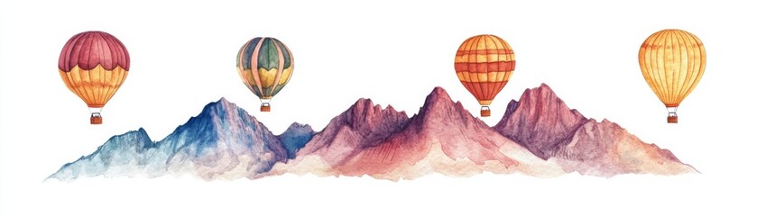 A watercolor of hot air balloons soaring over the Sandia Mountains, majestic and scenic, isolated on white background