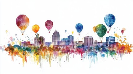 A watercolor painting of the Albuquerque skyline with balloons overhead, scenic and vibrant, isolated on white background