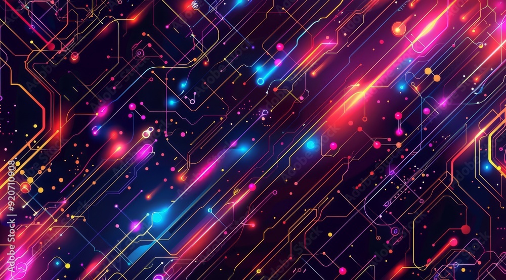 Poster a vibrant abstract background with dynamic neon lights and intricate circuits in a captivating digit