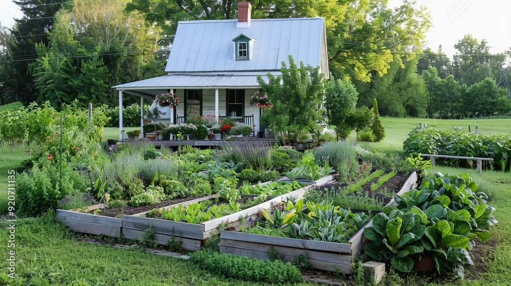 Wall mural write about the seasonal garden enhancements around a small farmhouse. describe vegetable patches, h