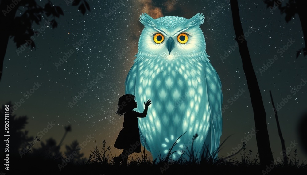 Sticker girl and owl under a starry night.