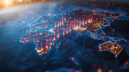 Digital map with data visualizations highlighting network connections and global communication in a futuristic technology concept.