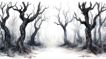 A watercolor painting of a haunted forest with twisted trees, creepy and mysterious, isolated on white background