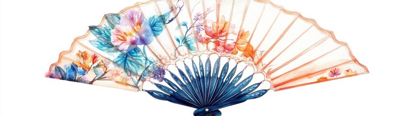 Watercolor painting of an ornate Chinese fan with MidAutumn motifs, delicate and artistic, isolated on white background