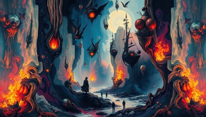 Surreal landscape with fire, eyes and ships.