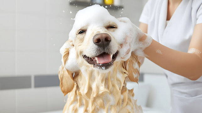 professional pet groomer giving a bath