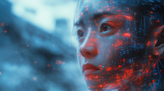 AI Artificial intelligence cyber. Futuristic AI abstract design, intricate circuitry pattern. AI Robot face, virtual human, virtual character, digital clone, machine learning. Realistic photo