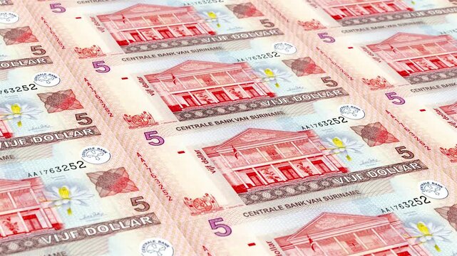 Suriname Surinamese Guilder 5 Banknotes Money Printing House, Printing Five Surinamese Guilder, Printing Press Machine Print out Surinamese Guilder, Being printed by currency press machine