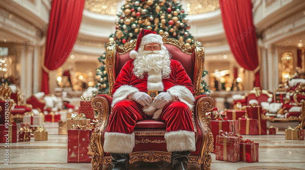 Canvas Prints Santa Claus relaxes in an ornate chair surrounded by holiday decorations, a beautifully lit Christmas tree, and wrapped gifts in a luxurious indoor venue