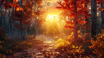 A digital artwork of a tranquil autumn forest, with golden and red leaves on the ground, sunset with warm golden light, detailed textures, capturing the serene and beautiful evening ambiance,