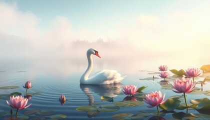 White Swan and Pink Water Lilies on Calm Lake at Dawn.