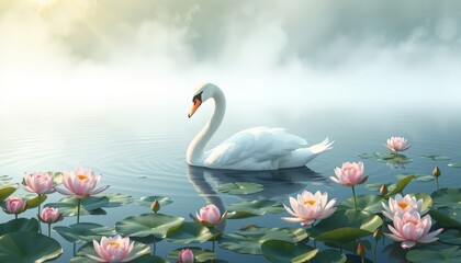 Graceful Swan in a Pond with Water Lilies.